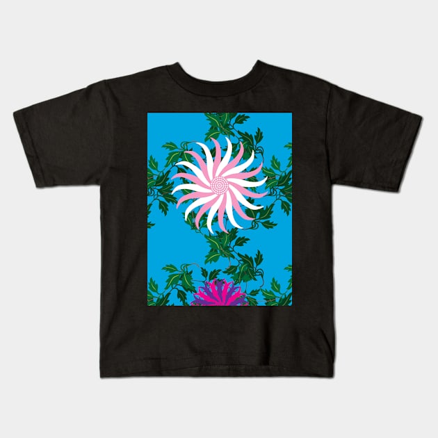 White and Pink, Cerise and Purple Flowers on a Vine Leaf and Vibrant Blue background Kids T-Shirt by sleepingdogprod
